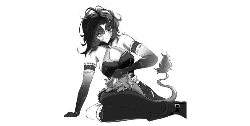 Gigi in black and white ink, sitting with her tail curled