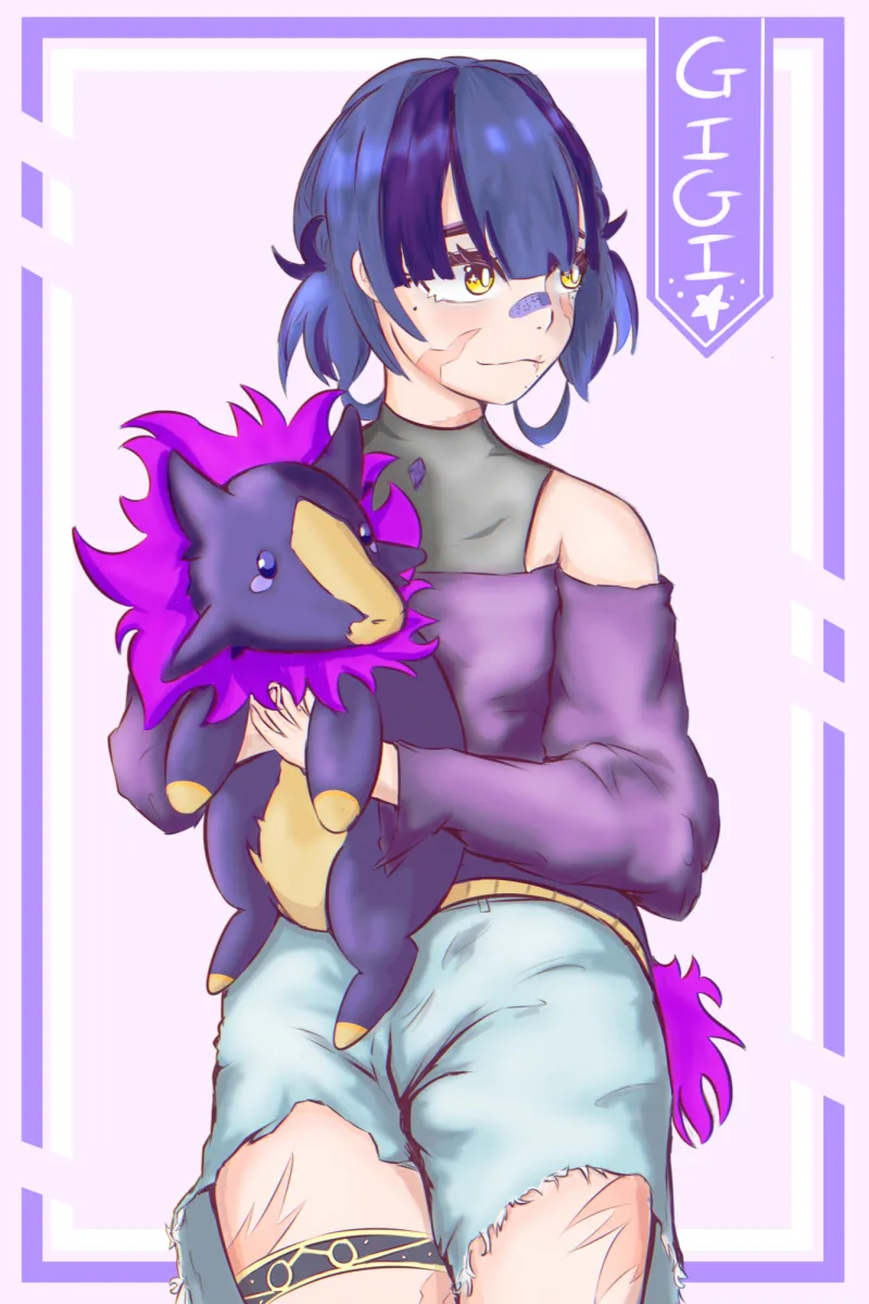 Gigi holding her plush, in a violet frame