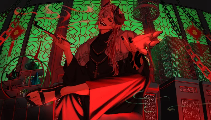 Haru seated in Babylon Palace with his kiseru pipe