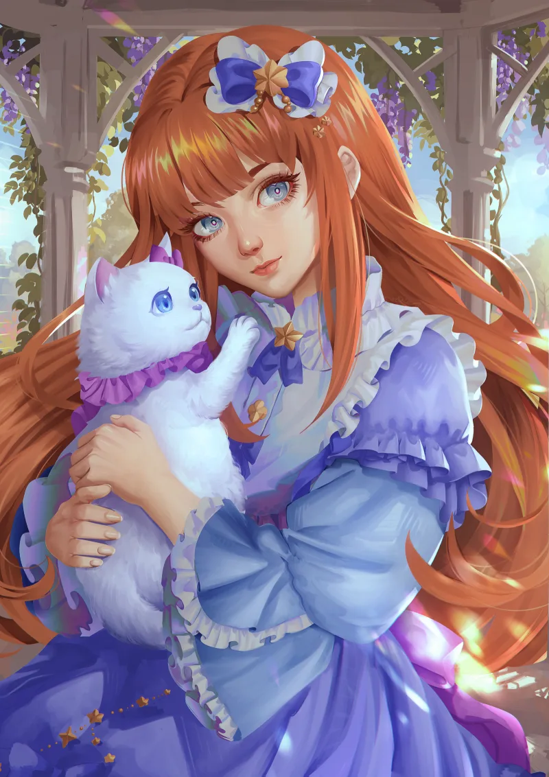 Lavender holding Luna, her fluffy white cat