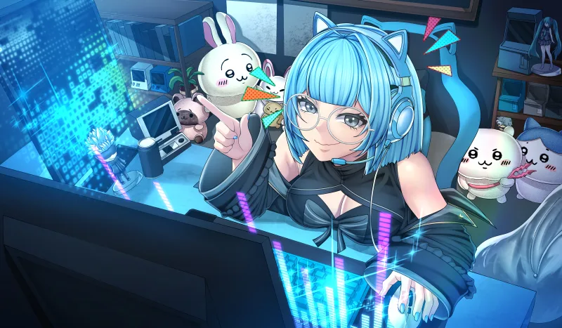 Lisa at her desk in the blue of the monitors