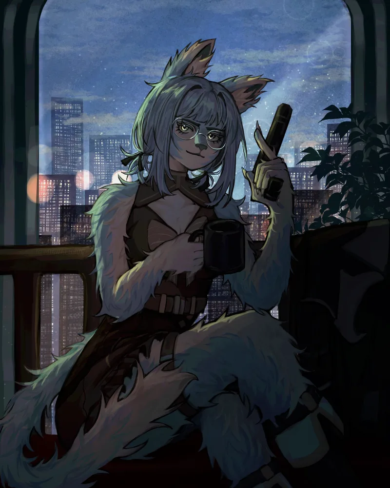 Lisa on a balcony over the city at night