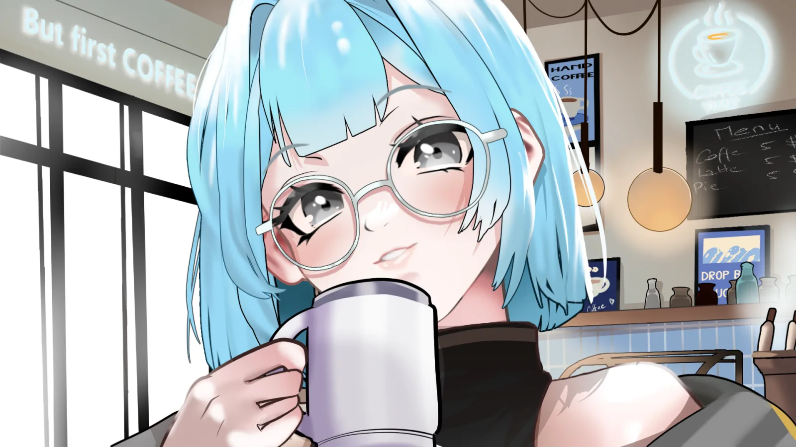 Lisa with a mug by the café window