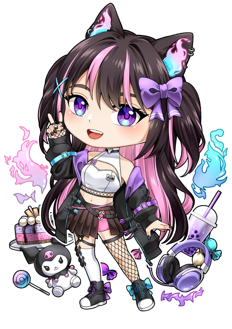 Chibi Pookie with boba, Kuromi, cake and headphones