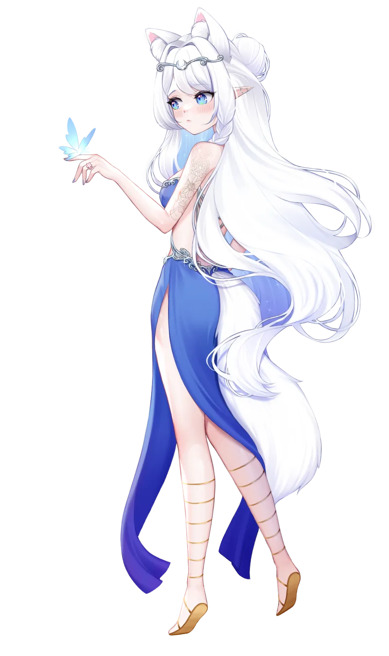 Reira — white hair, fox ears and tail, a blue gown, a butterfly on her hand