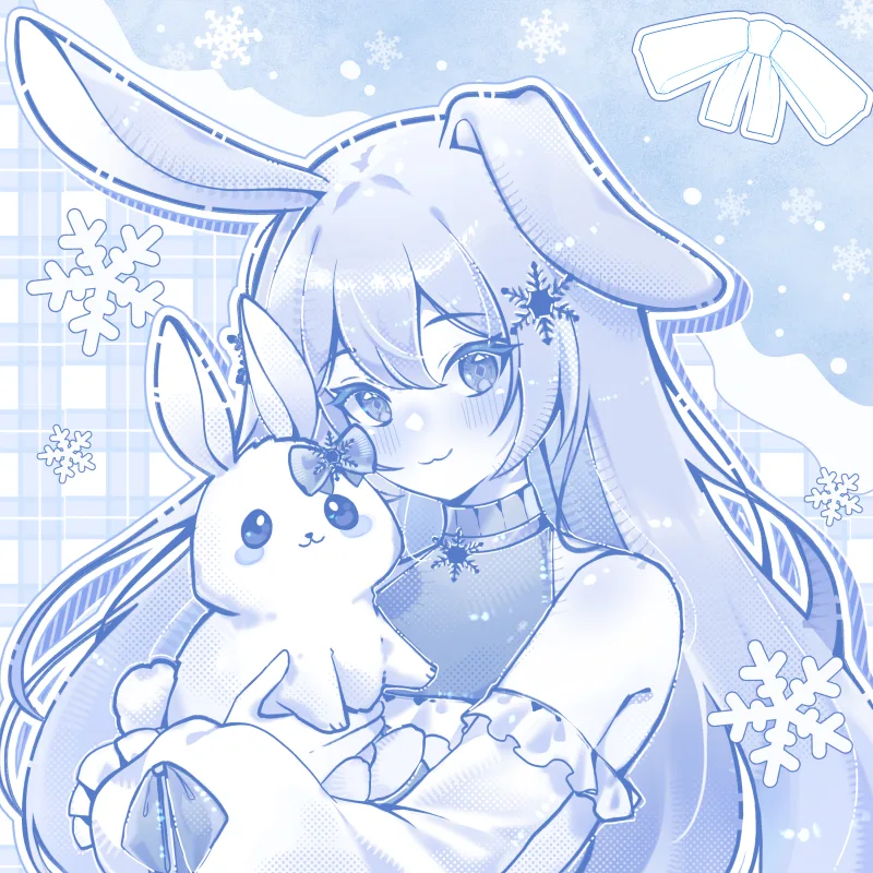 Snow holding her bunny, drawn all in blue