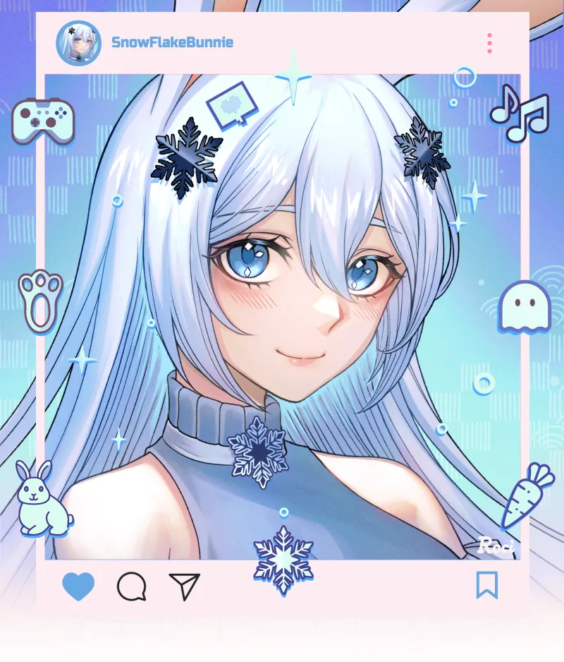 Snow's profile card — a close-up of her surrounded by bunny, carrot and snowflake stickers
